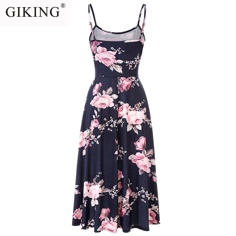GIKING Floral Frinting Summer Dress Women 2019 Spaghetti Strap Boho Midi Backless Casual Beach Dresses Zomerjurk Dames | Женская одежда