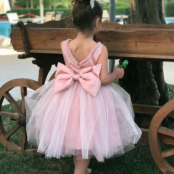 New Pink Flower Girl Dresses for Wedding Princess Birthday Dress Knee Length Tulle Pearls Kids Gown Infant Party Clothes 1-12Y