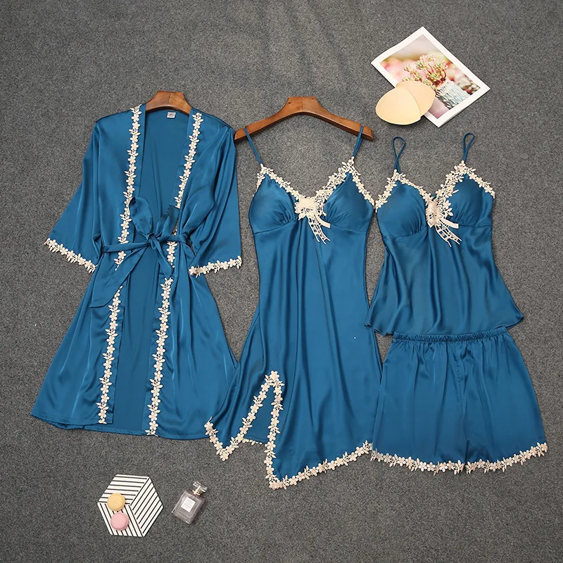 

Summer New Lace Pyjamas Sets V-Neck Loose Robe Suits Sexy Satin Cardigan Kimono Sleepwear 4PCS Strap Nightwear Intimate Lingerie