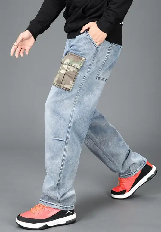 Men Jeans Patch Pocket Hip Hop Harem Jeans Camouflage Patch Denim Pants Loose Baggy Jeans Skateboard  Jeans