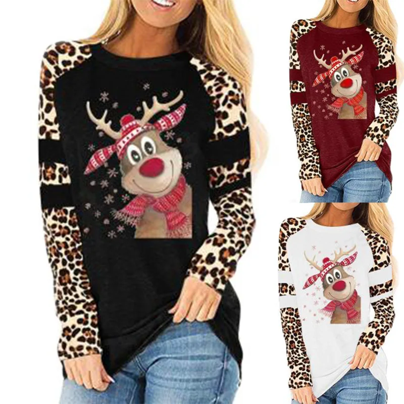 

2021 women's long sleeve printed Christmas color sweater check stitched sleeves