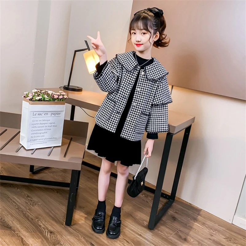 

Girls Baby's Kids Wool Coat Jacket 2021 Black Plaid Warm Thicken Plus Velvet Winter Autumn Cotton Outerwear Children's Clothes