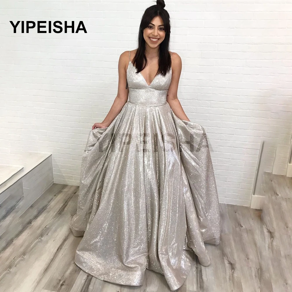 

2021 Glittery V-Neck Evening Dresses Spaghetti Straps Vestido De Festa Floor Length Vintage Formal Prom Party Gown