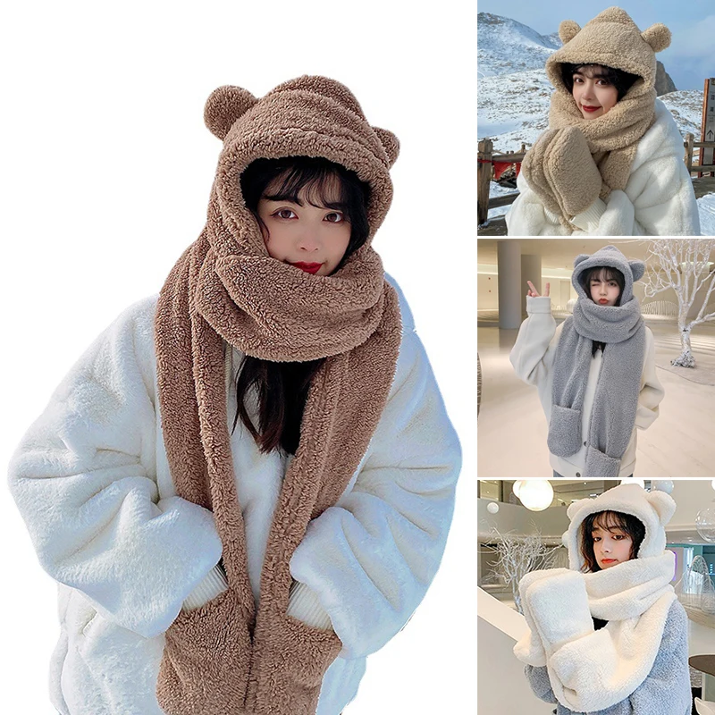 

3 In 1 Hat Scarf Gloves Set Winter Warm Cute Bear Ears Plush Hoodie Cap Casual Solid Thicken Cotton Wool Women Hat LL@17