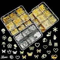 1box gold heart metallic nail art stickers decals butterfly metal nail studs slices thin nail charms diy 3d nail decorations