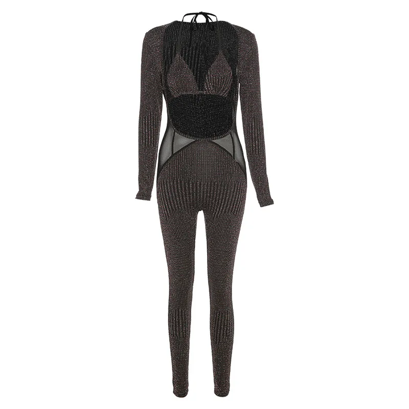 

Mesh Shinny Patchwork Jumpsuits With Lace Up Halter Bikini 2 Two Piece Set Women Sexy Hollow Out Overalls Club Party Clothes