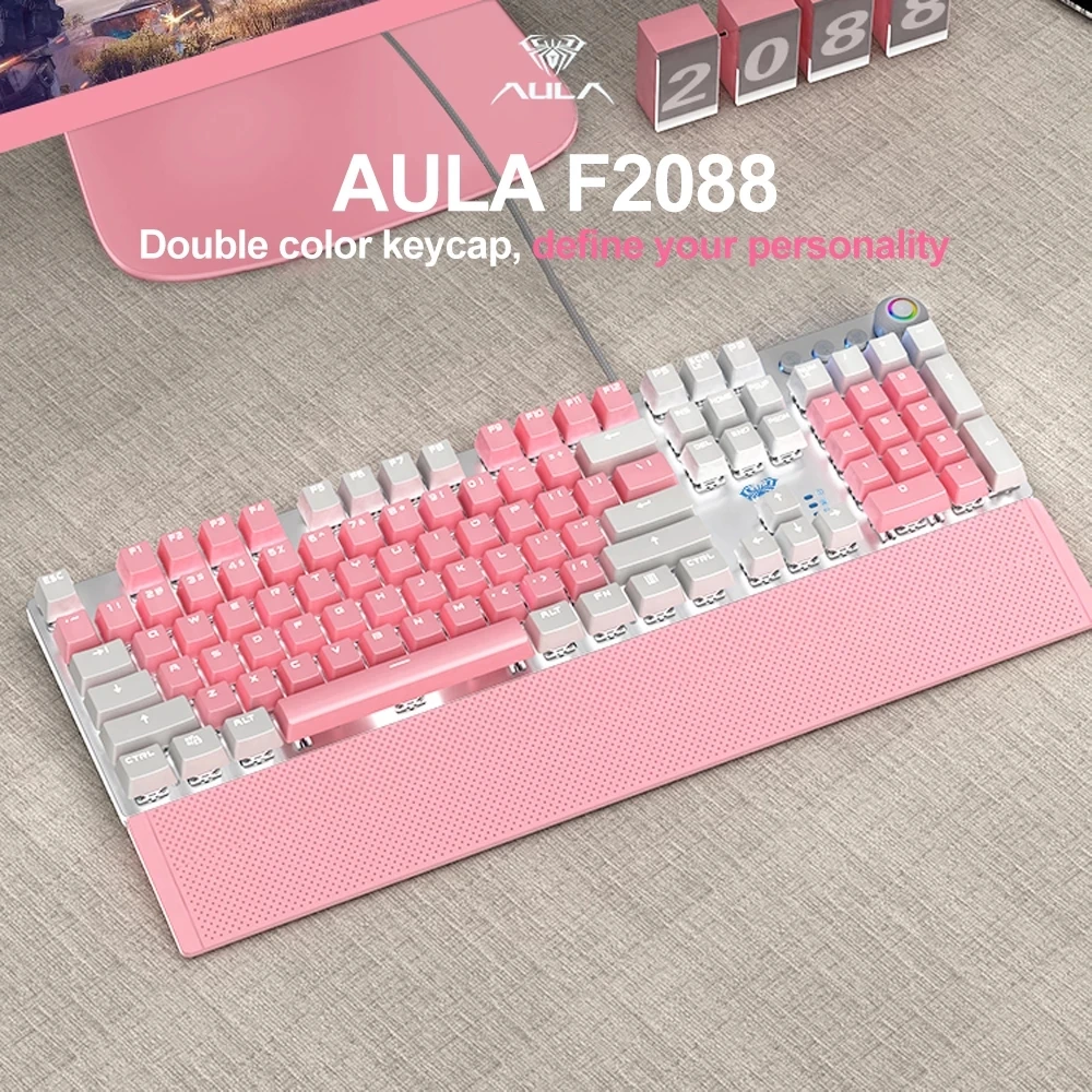 AULA F2088PBT Student Gameing Mechanical Keyboard White Backlit Cute Pink Home Office English Wired Keyboard Girl Gift
