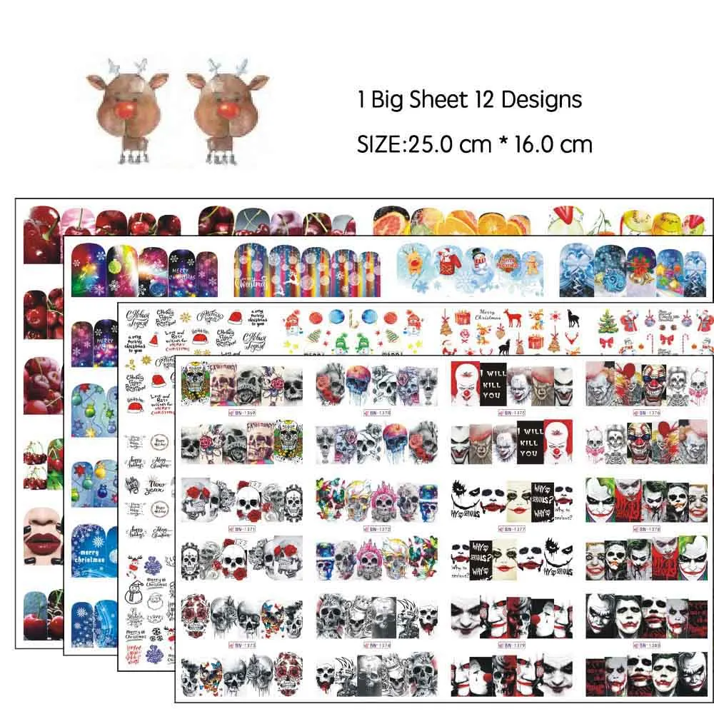 4 big Sheets 48 шт Набор наклеек для ногтей смешанные фрукты/сексуальные губы/Хэллоуин/Рождественский дизайн ногтей переводные наклейки татуировки слайдеры маникюр - Цвет: 4 big Sheets