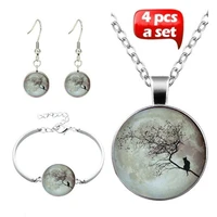 moon branches and cats cabochon glass pendant necklace bracelet earrings jewelry set totally 4pcs for womens fashion jewelry