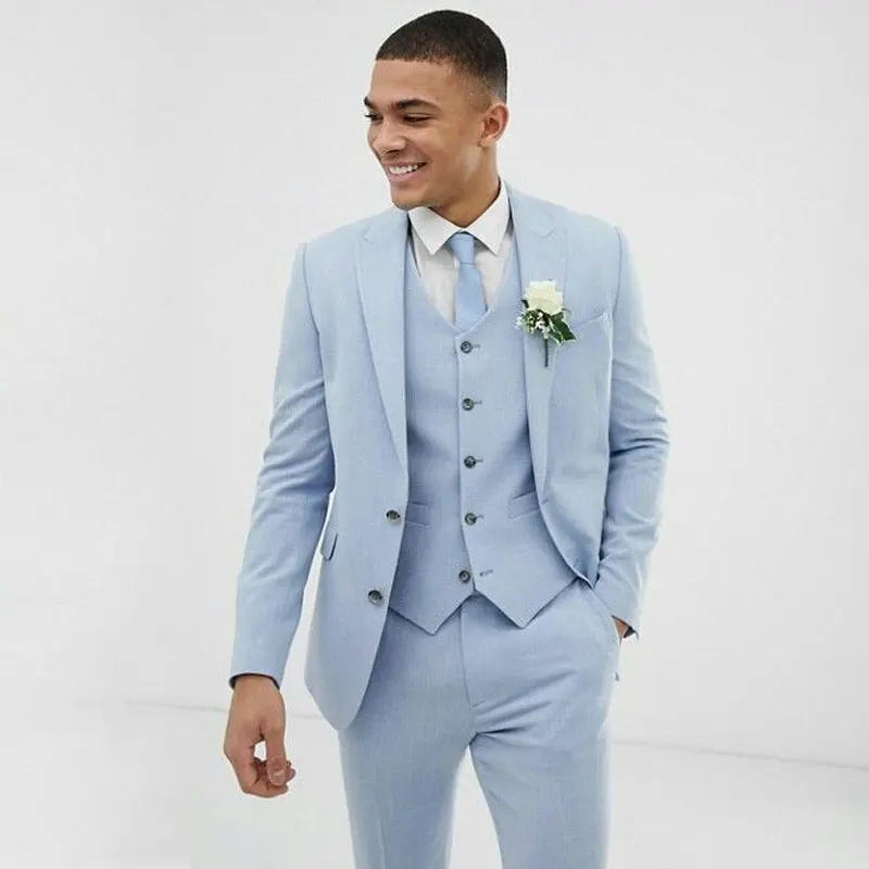 Light Blue Wedding Men Suits Slim Fit Groom Wear Tuxedos Coat Dinner Suit Prom Dresses Evening Dress 3 Pieces(Jacket+Pants+Vest)