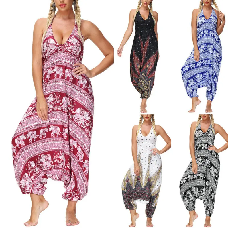 

Богемный Женский Летний комбинезон с лямкой на шее, Дамский комбинезон в стиле бохо с цветочным принтом и длинными брюками, комбинезон-шаро...