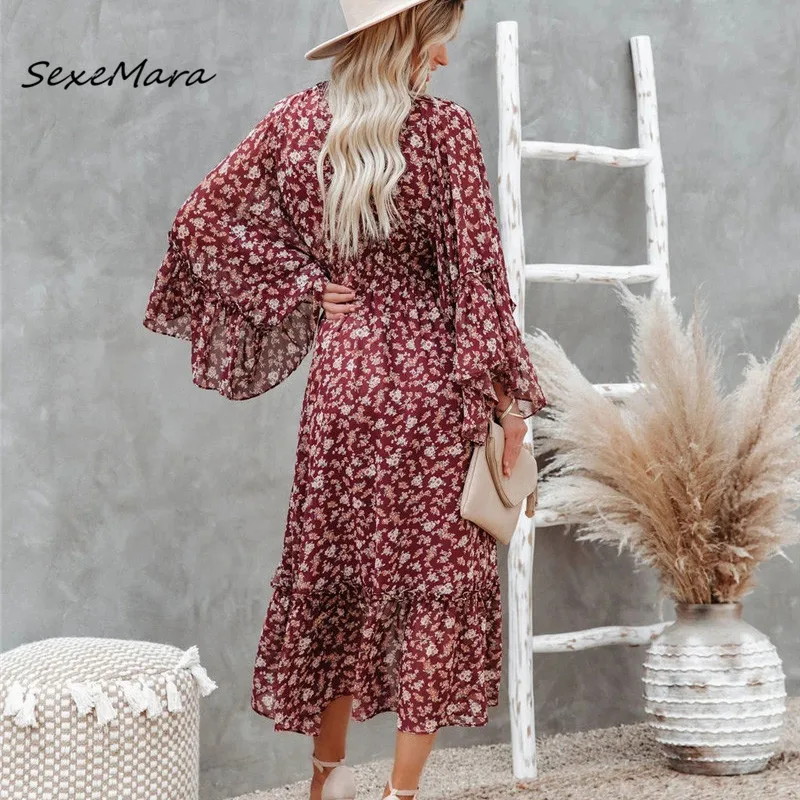 

Женское шифоновое платье-макси с длинным рукавом и принтом