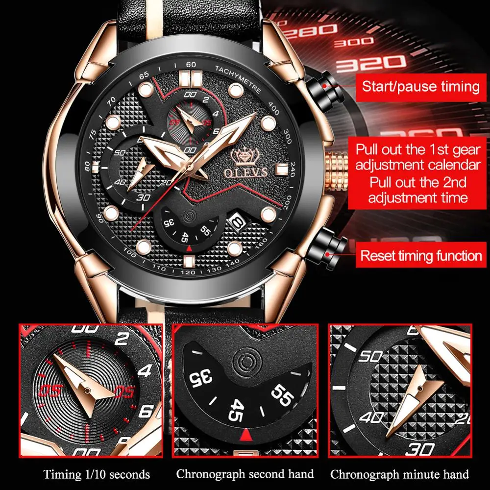

New Fashion OLEVS Sport Chronograph Men's Watches Top Brand Casual Leather Strap Waterproof Date Quartz Watch Man Clock
