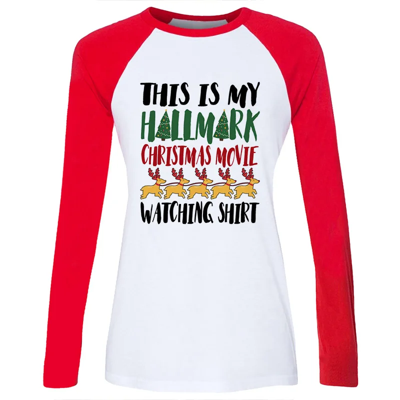Watch Christmas Movies Graphic Reglan Sleeve T Shirt Women Autumn Winter O-Neck Tshirt Fashion Casual Female Tops Tee | Женская одежда