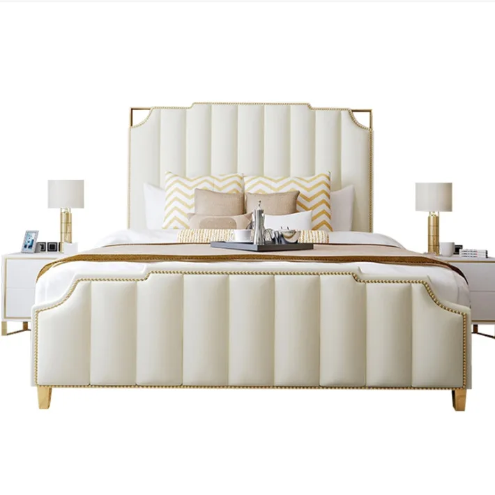 Кровать из натуральной кожи простой современный светильник роскошная