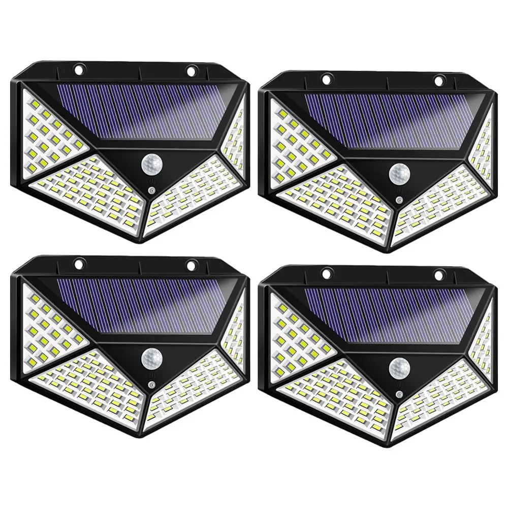 100 LED Polysilicon 100 светодиодный четырехсторонний светильник на солнечной энергии, 3 режима, 120 градусов, датчик движения, угол, настенный светильник, водонепроницаемый, для улицы, для двора, сада - Испускаемый цвет: 100 LED Polysilicon
