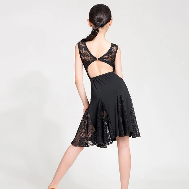 Children Latin Dance Dress Girls Sleeveless Black Lace Practice Clothing Latin Competition Performance Dresses For Kids DQL2118