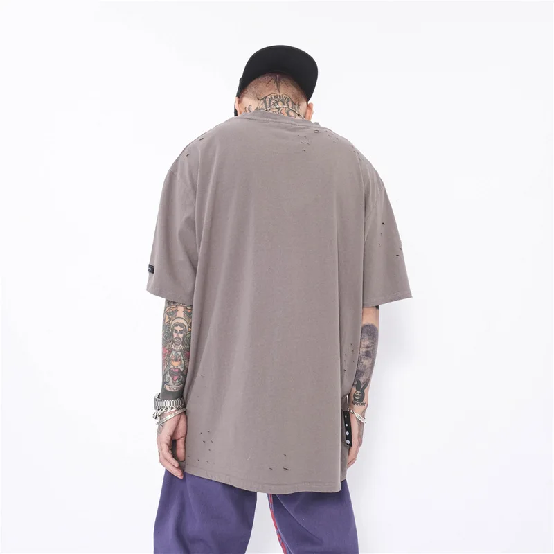 

GTDOM Men High Street Bereaved Washing Short Sleeve 2021 Spring New Worn Out Pothole Lettering Oversize Half Sleeve T-Shirt