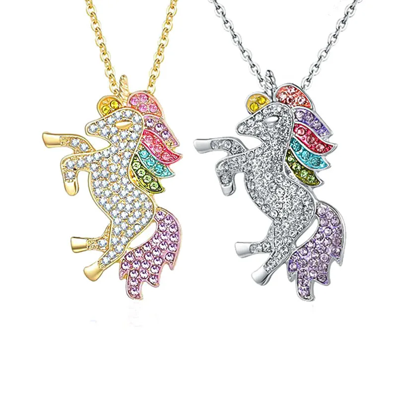 Fashion Multicolor Crystal Unicorn Metal Pendant Necklace Pu