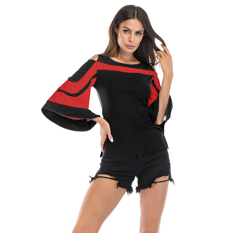 

Women's spring top round neck color matching off shoulder back zipper T-shirt