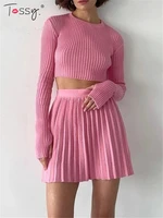tossy knit two piece sets mini pleated skirt suits long sleeve cropped sweater top for women 2021 casual outfits matching sets