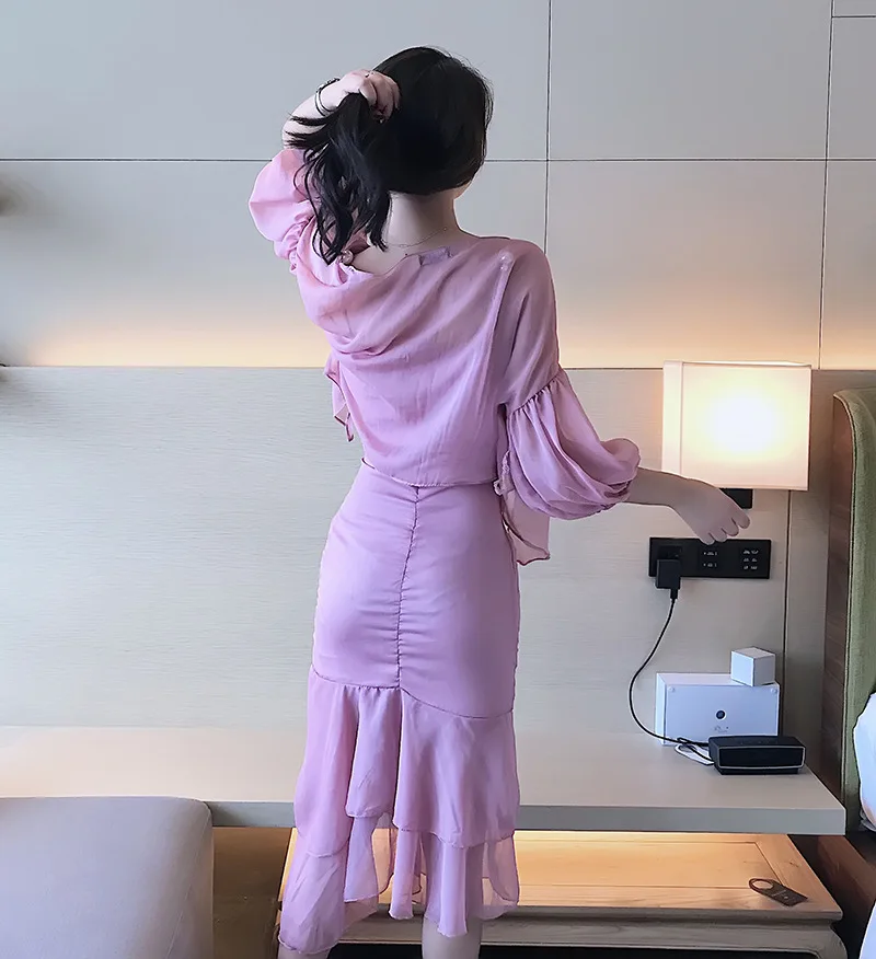 

Square Neck Bag Hip Sexy Dresses for Women 2021 Spring Ruffled Sleeve Solid Color Folds Long Dresses Ladies Two-Piece Set