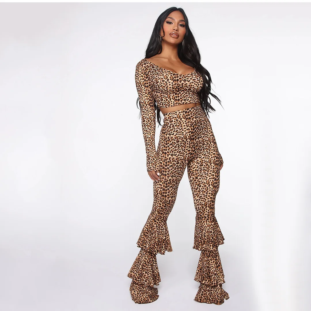 

Cnmyou Fashion leopard print high waist Sexy Slim multi-layer flared pants women's two-piece suit