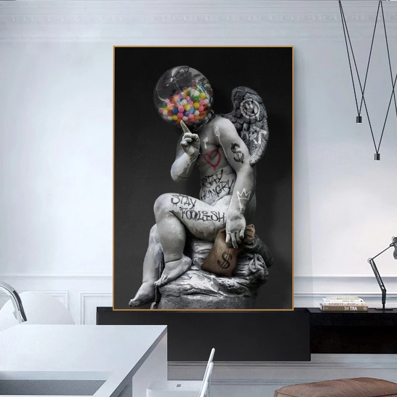 

Граффити мальчик с крыльями ангела уличное искусство мечта Холст Картины Абстрактная печать и плакат Настенная картина для декора гостино...