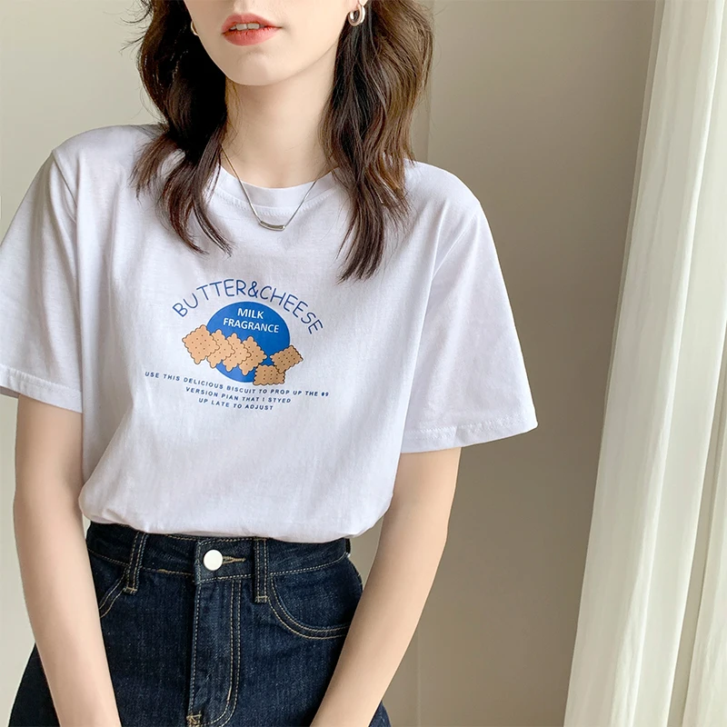 

Real price white short sleeve T-shirt women's summer dress new Korean print loose cotton bottomed top women's fashion