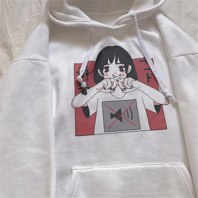 Harajuku Kawaii аниме девушка с капюшоном Толстовка японский Винтаж милый черный флис толстовка с рисунком женский объемный пуловер