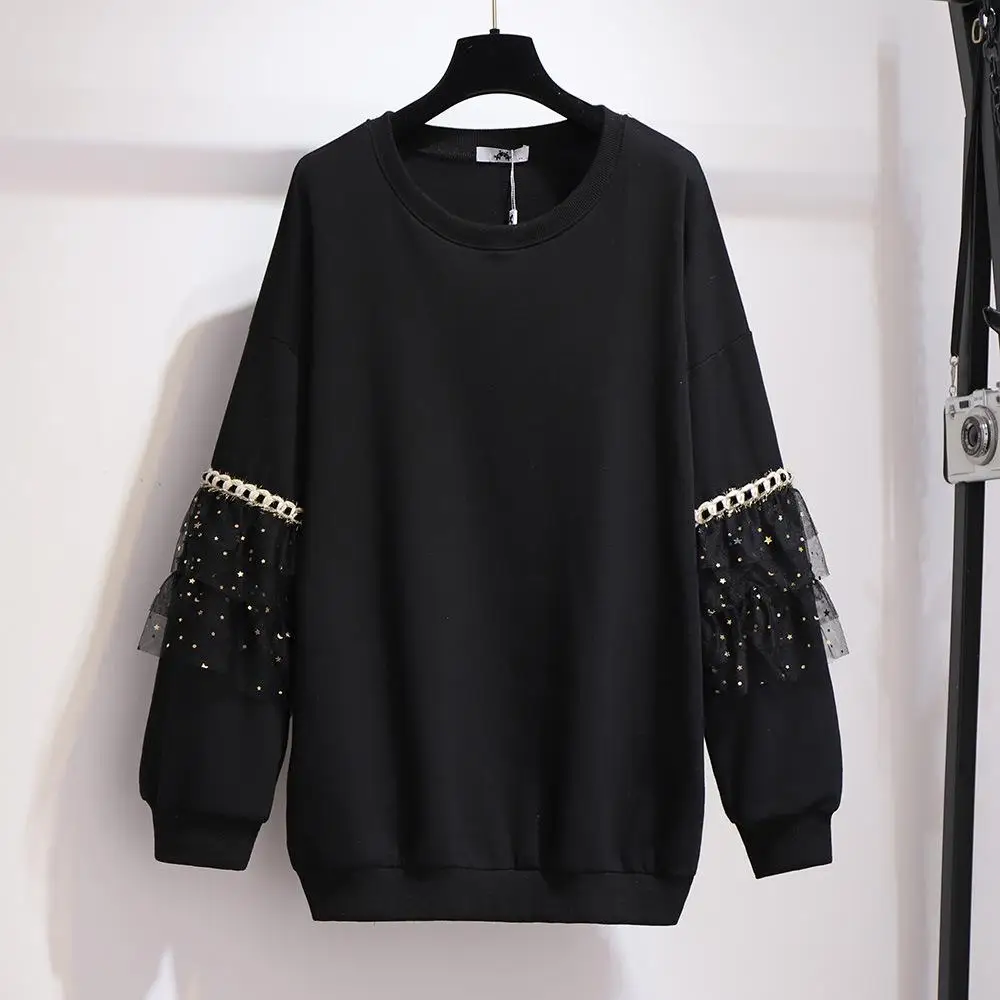 

Ruffled Lace Sequins Drop Shoulder Thicken Sweatshirt Autumn Winter Warm Long Sleeve Loose Overcoat Plus Size Casual Tops 6XL