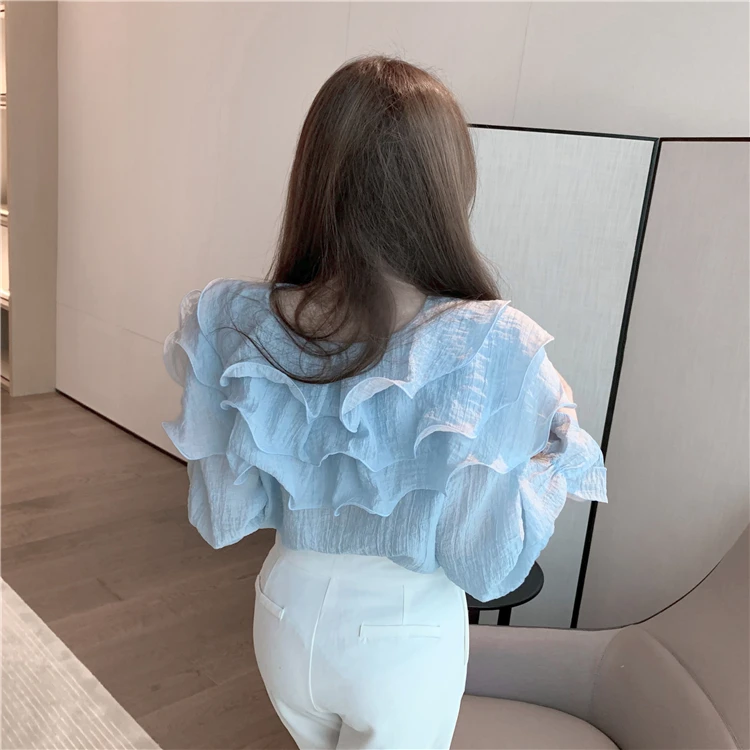 

Vintage Femme Shirts Elegant Blouse Women Tops butterfly Ruffle V-neck Long sleeve blouse 2021 New female Chiffon Shirts 801F