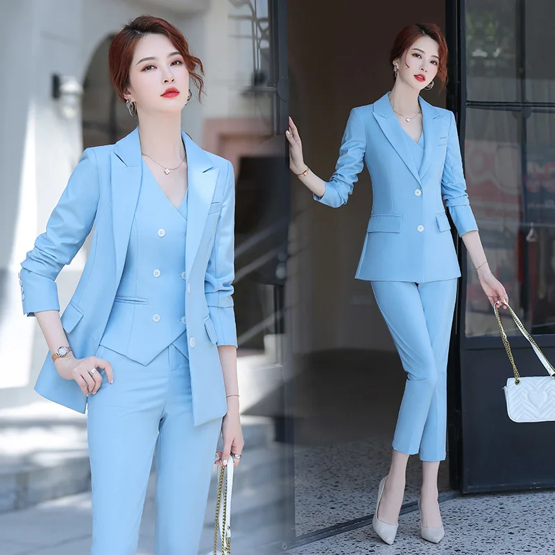 

IZICFLY Spring Summer Style Office Uniform Business Pant Suit with Vest New Blue 3 Piece Women Trouser Waistcoat and Blazer Set