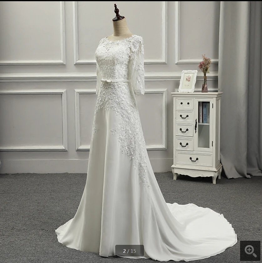 Белое Атласное ТРАПЕЦИЕВИДНОЕ свадебное платье с кружевной аппликацией и