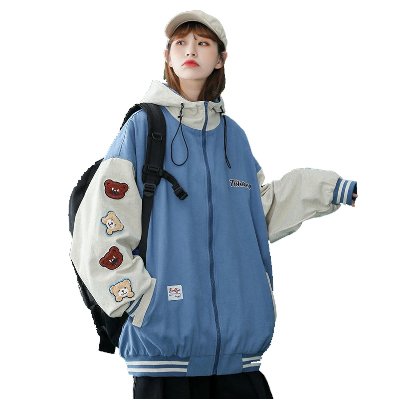 

2021 Женская бейсбольная куртка Харадзюку для старшеклассников, свободная куртка на молнии, однобортное пальто с длинными рукавами