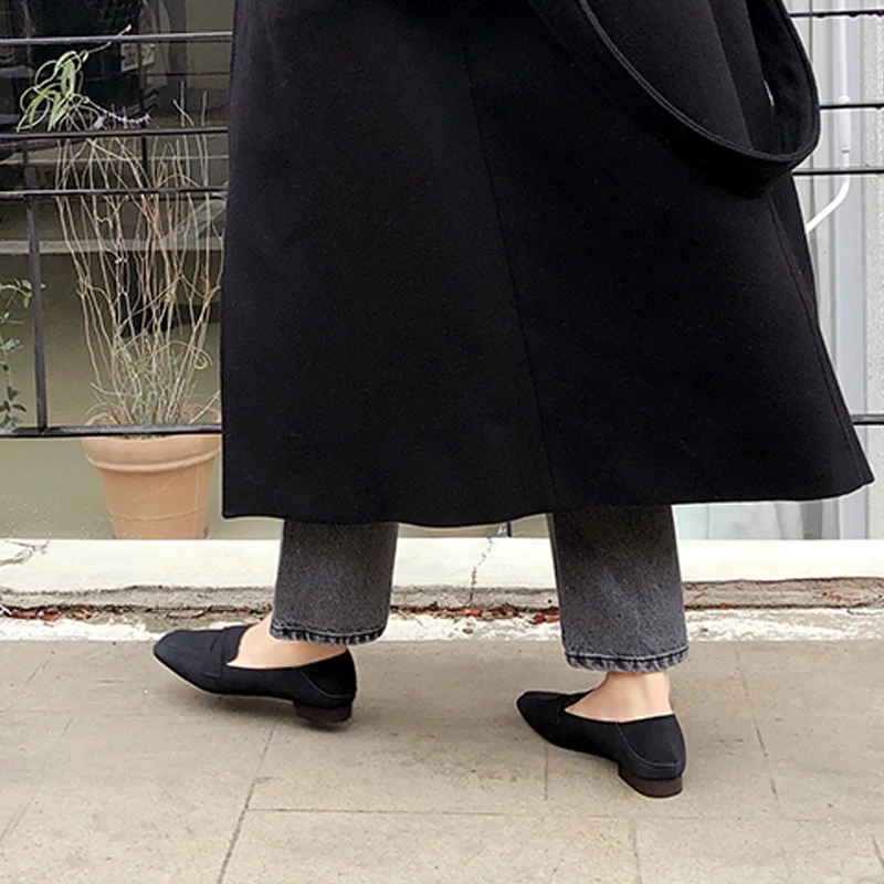 

Black Big Size Loafers Flat Shoes Women Mocassin Spring Fashion British Style Square Toe Slip-On Low Heel Shoes Ladies 33-46