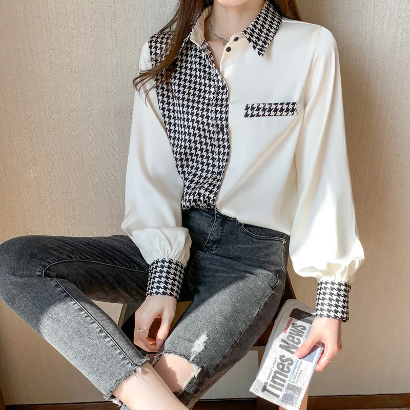 Women Blouses 2021 New Chiffon Printed Swallow Gird Plaid Shirts Ladys Spring Autumn Clothes Female Spliced Houndstooth Clothing