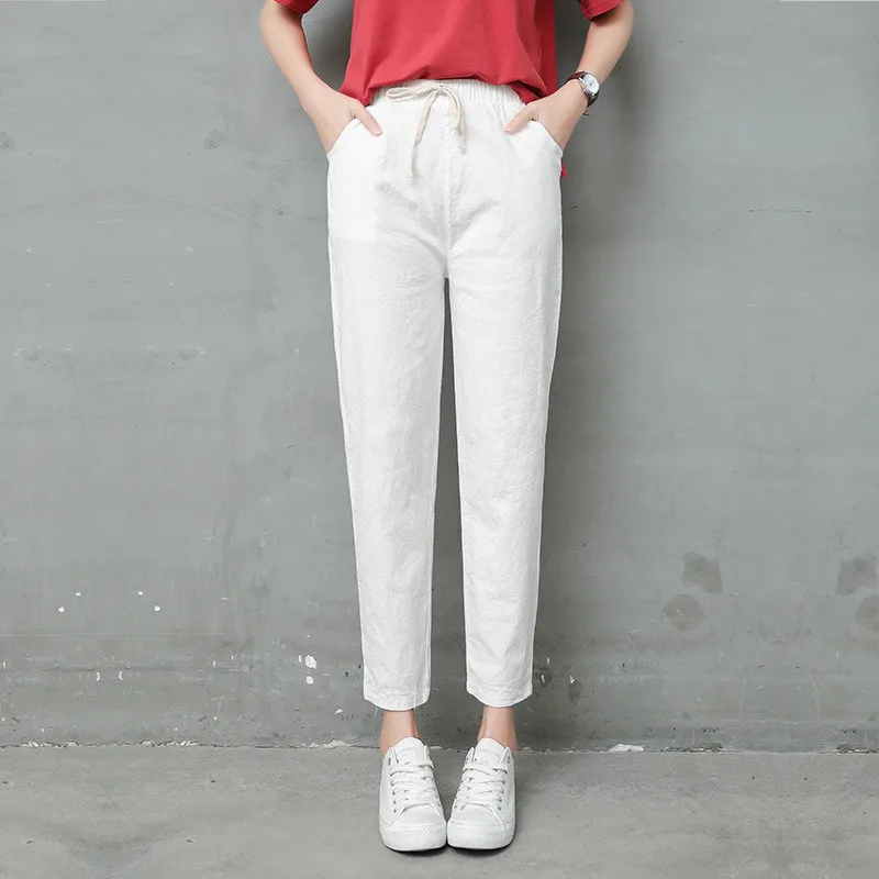 

Summer Fashion Thin Straight Cotton Linen Pants Girls Washed Flat Casual Lace Up White Pants Ladies Long Trousers Large Size 2xl