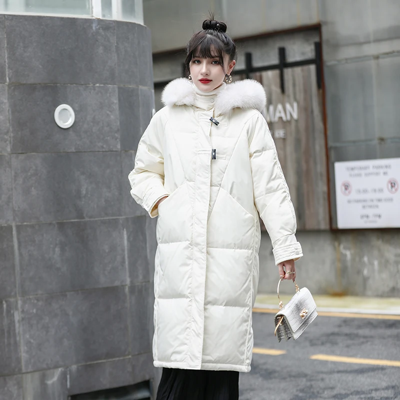 

JCHB 2021 Women's Down Jacket Korean Coat Female 90% White Duck Down Jackets Fox Fur Collar Hooded Parkas Winter Abrigo Mujer P