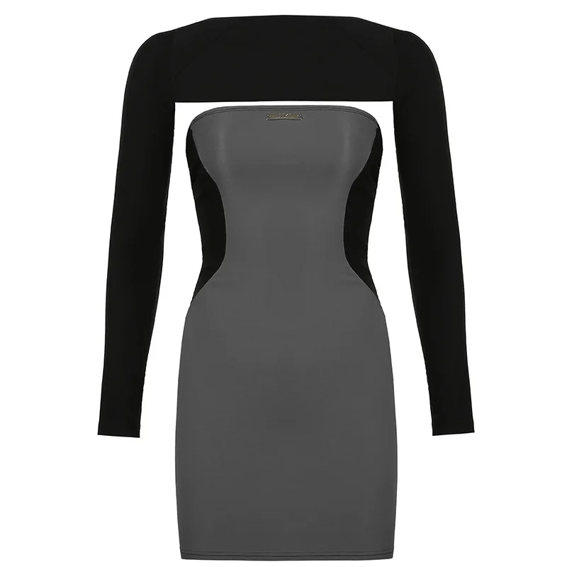 

2021 new hot girl concave-convex figure half-length skirt slit waist waist bottoming color matching tube top skirt long-sleeved