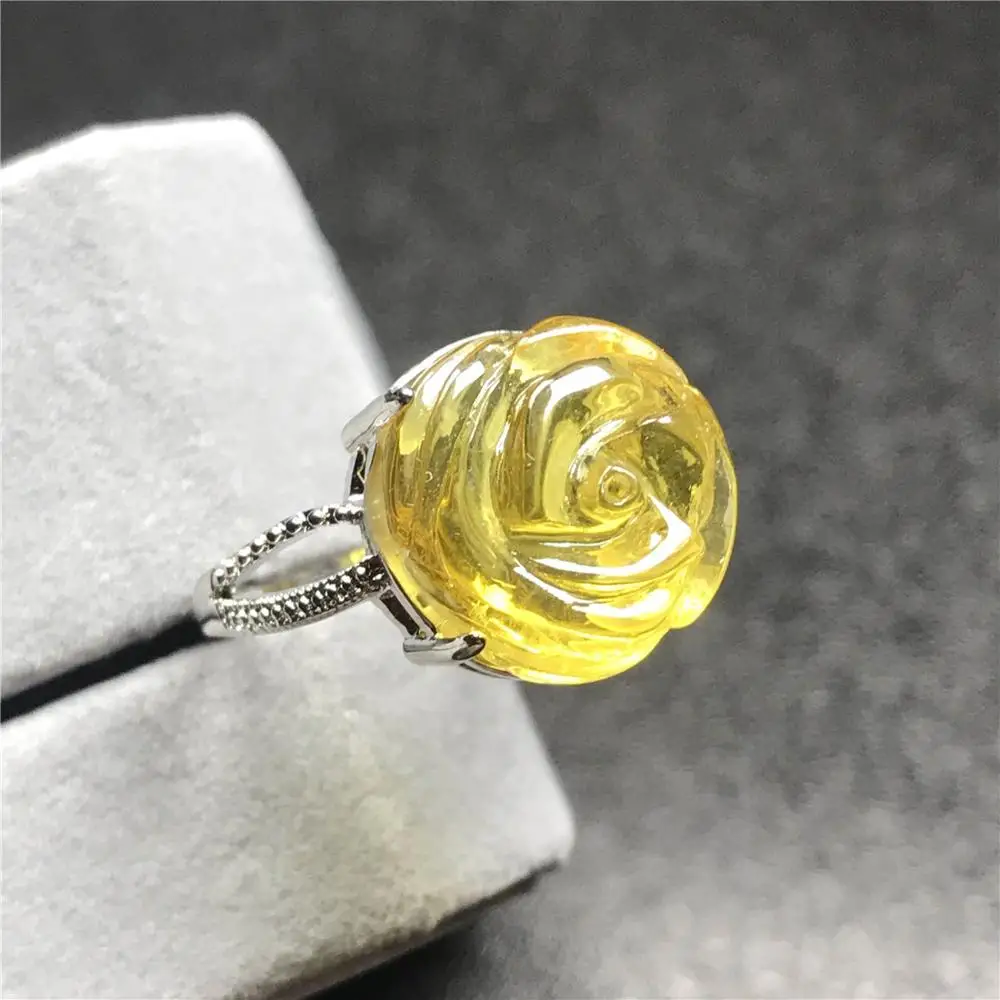 

14 мм топ натуральный цветок резное желтое Янтарное кольцо для женщин леди мужчина кристалл серебряные бусины драгоценный камень регулируе...
