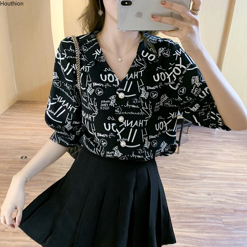 

Houthion Short-sleeved Women's Blouse Printing V-neck Shirt Fashion Tops Korean Casual Comfortable Plus Size Chiffon