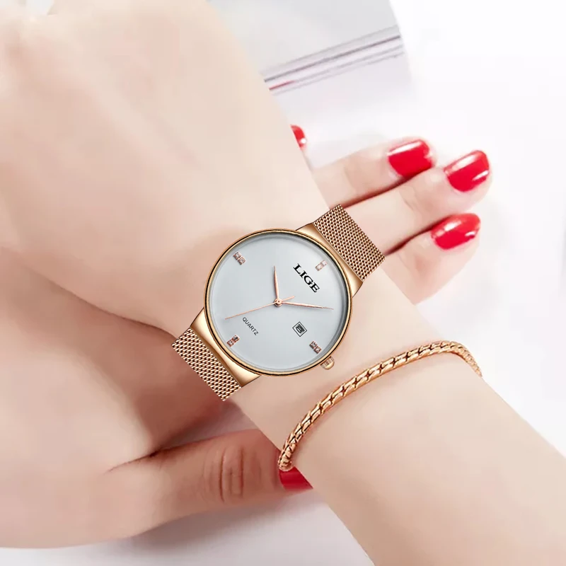 Reloj Mujer 2020 LIGE женские часы модные ультратонкие под платье с сетчатым ремешком