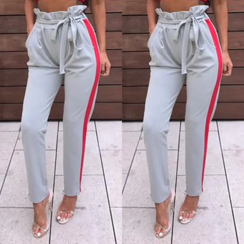 

Fashion Active Casual Women Ladies High Waist Sashes Striped Straight Loose Slim Show Thin Drawing Casual Pants 2 Style
