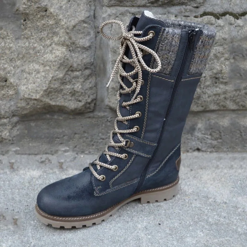 Puimentiua Winter Shoes Women Boots Basic Mid-Calf Boots Round Toe Zip Platform Decor Female Shoes Warm Lace Up Boots Shoes