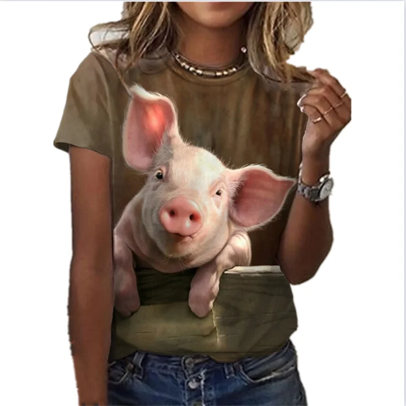 

2021 nueva moda lindo auspicioso cerdo animal patrón hombres y mujeres camiseta de manga corta verano casual cuello redondo top