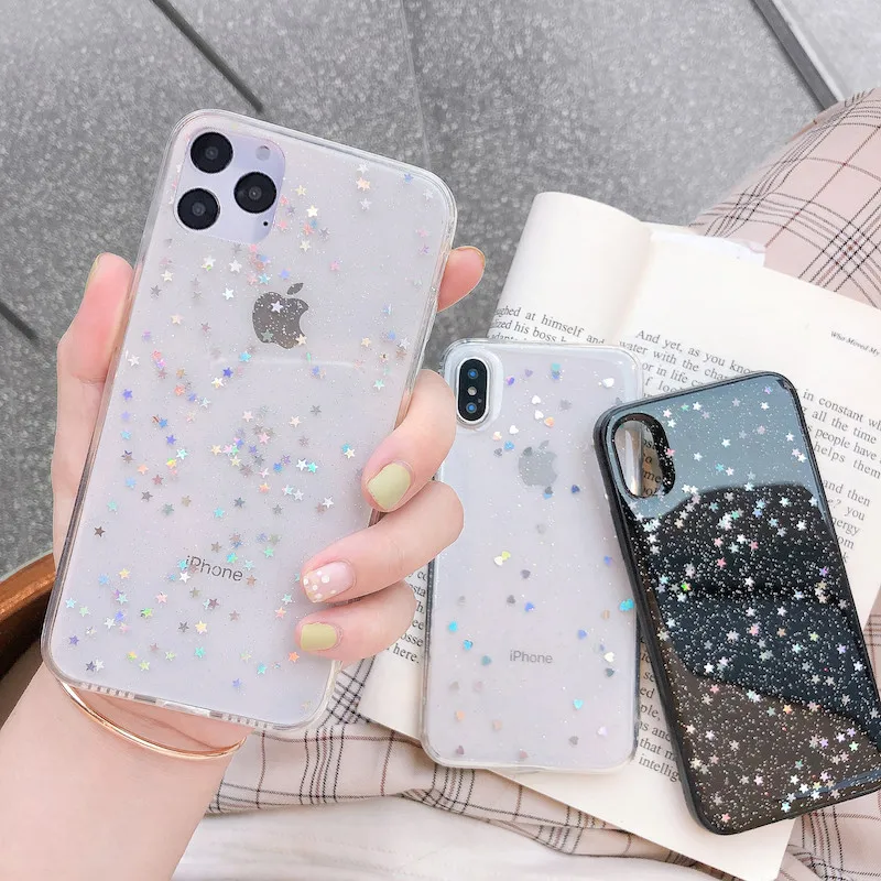 Блестящий чехол со звездами для iPhone 11 X XR XS Max мягкий эпоксидный накладка 6S 7 8 7Plus