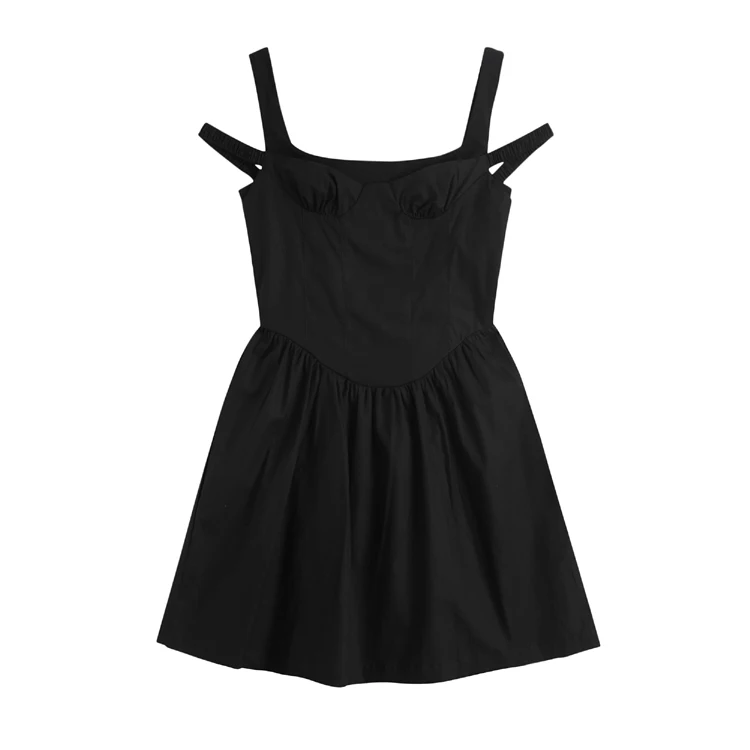 

COIGARSAM Sexy Sleeveless Women dress Summer French Style Spaghetti Strap High Waist Dresses Black White 4088