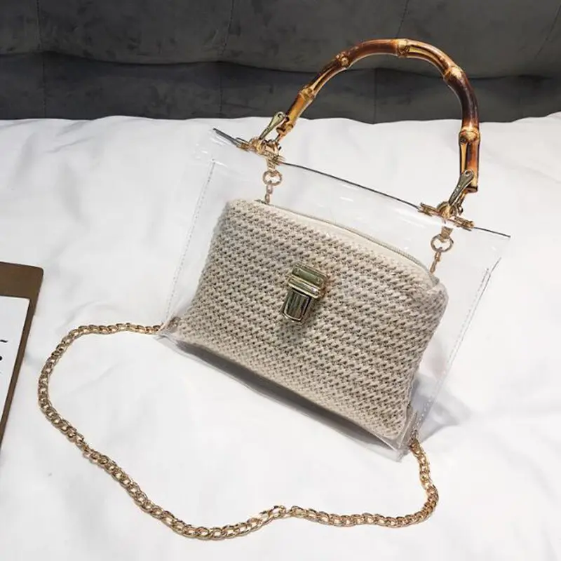 Прозрачная женская сумка с бамбуковой ручкой летняя маленькая Соломенная