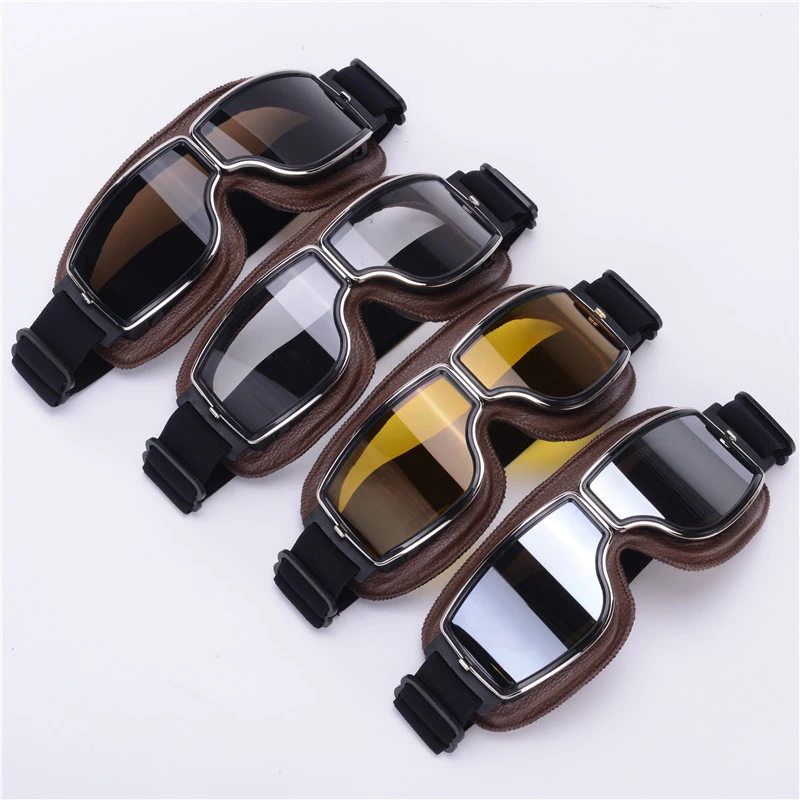 

Motorcycle Vintage Style Leather Goggles Aviation Retro Helmet Lenses 2018 New